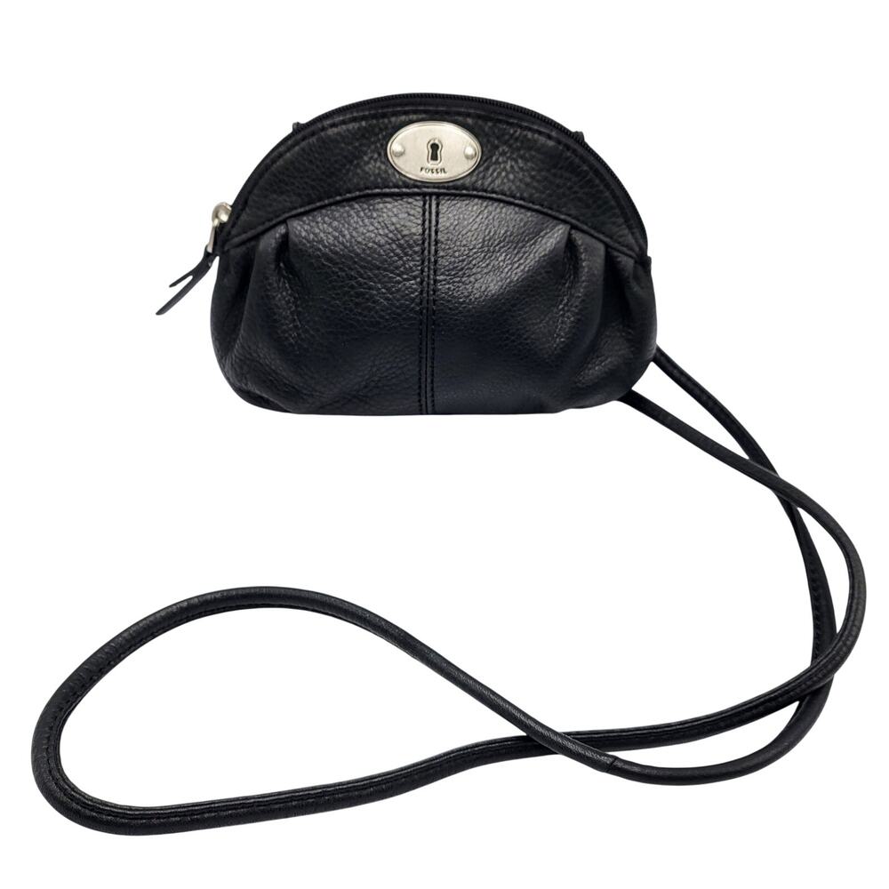 Fossil Black Pebbled Leather Keyhole Logo Plaque Mini Crossbody Shoulder Bag
